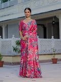 Pink & Multi Floral Printed Ready To Wear Saree with Scalloped Border