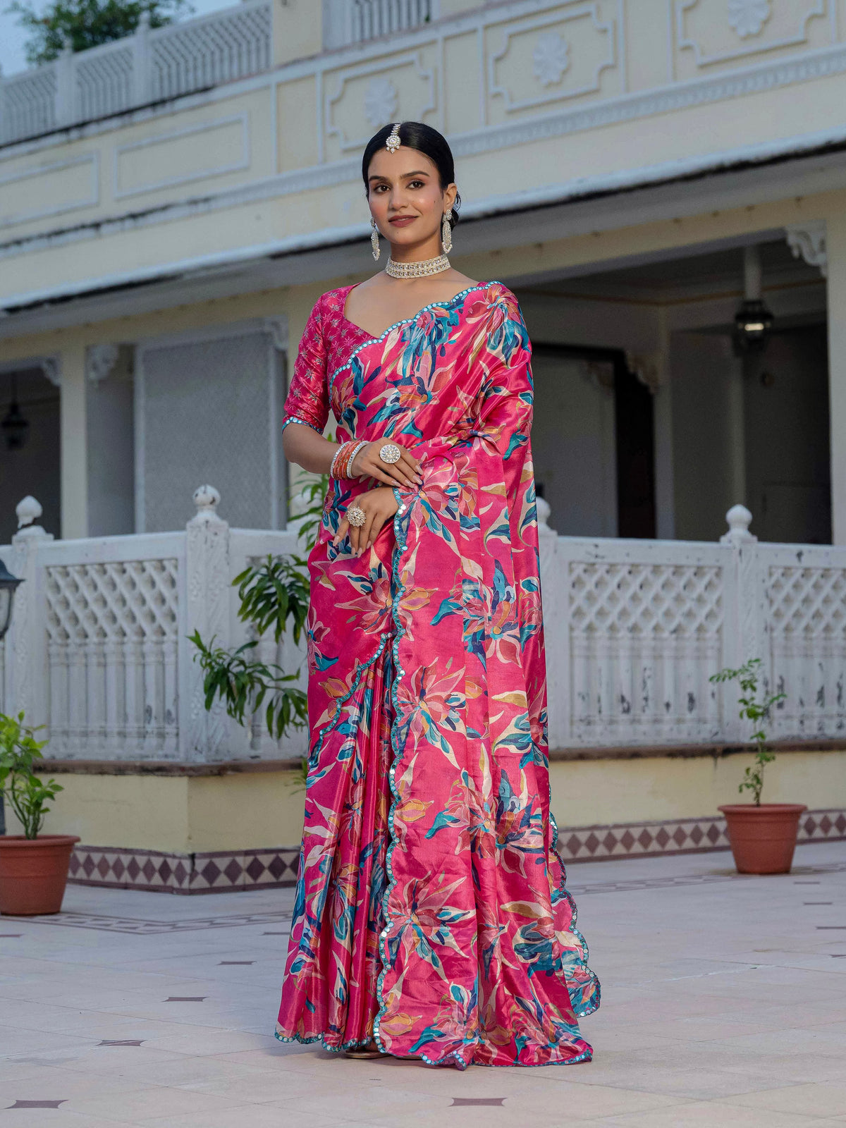 Pink & Multi Floral Printed Ready To Wear Saree with Scalloped Border