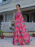 Pink & Multi Floral Printed Ready To Wear Saree with Scalloped Border