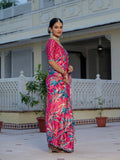 Pink & Multi Floral Printed Ready To Wear Saree with Scalloped Border