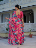 Pink & Multi Floral Printed Ready To Wear Saree with Scalloped Border