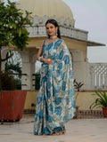 Blue Floral Printed Ready To Wear Saree with Scalloped Border