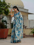 Blue Floral Printed Ready To Wear Saree with Scalloped Border