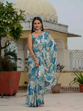 Blue Floral Printed Ready To Wear Saree with Scalloped Border