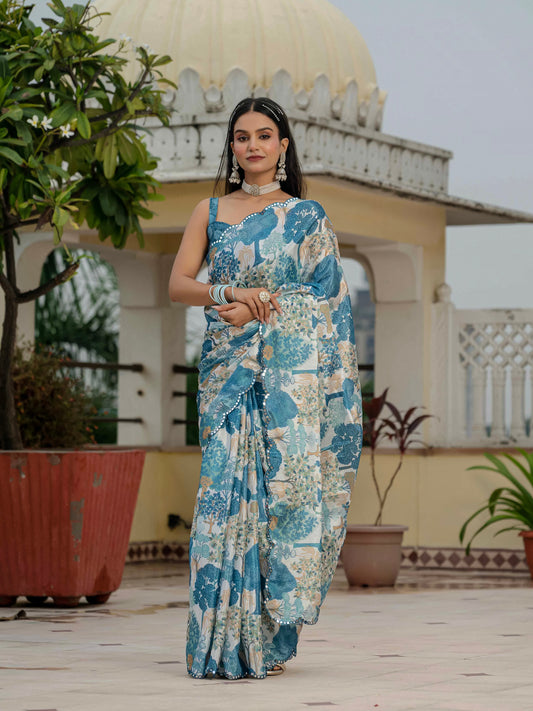 Blue Floral Printed Ready To Wear Saree with Scalloped Border