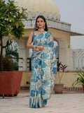 Blue Floral Printed Ready To Wear Saree with Scalloped Border