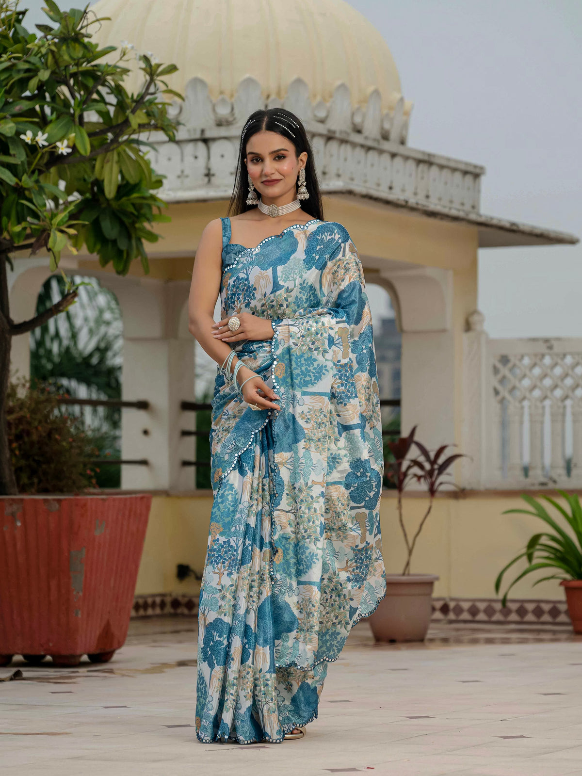 Blue Floral Printed Ready To Wear Saree with Scalloped Border