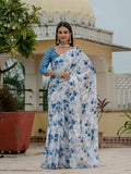 White & Blue Floral Printed Ready To Wear Saree with Scalloped Border