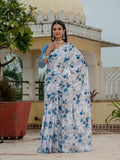 White & Blue Floral Printed Ready To Wear Saree with Scalloped Border