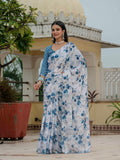 White & Blue Floral Printed Ready To Wear Saree with Scalloped Border