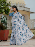 White & Blue Floral Printed Ready To Wear Saree with Scalloped Border