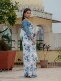 White & Blue Floral Printed Ready To Wear Saree with Scalloped Border