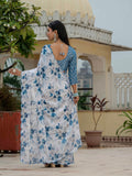 White & Blue Floral Printed Ready To Wear Saree with Scalloped Border