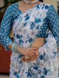 White & Blue Floral Printed Ready To Wear Saree with Scalloped Border