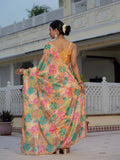Mastard Yellow Floral Printed Ready To Wear Saree with Scalloped Border