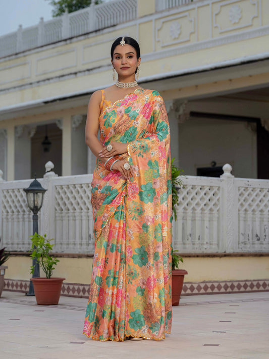 Mastard Yellow Floral Printed Ready To Wear Saree with Scalloped Border