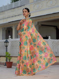 Mastard Yellow Floral Printed Ready To Wear Saree with Scalloped Border
