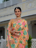 Mastard Yellow Floral Printed Ready To Wear Saree with Scalloped Border