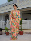 Mastard Yellow Floral Printed Ready To Wear Saree with Scalloped Border