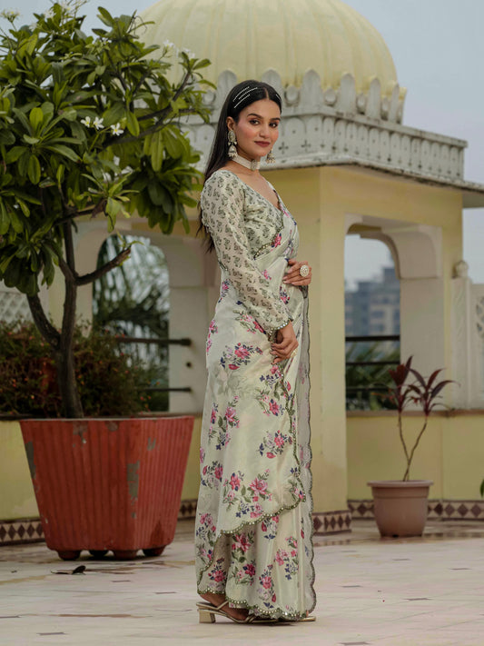 Off-White & Pink Floral Printed Ready To Wear Saree with Scalloped Border