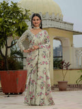 Off-White & Pink Floral Printed Ready To Wear Saree with Scalloped Border