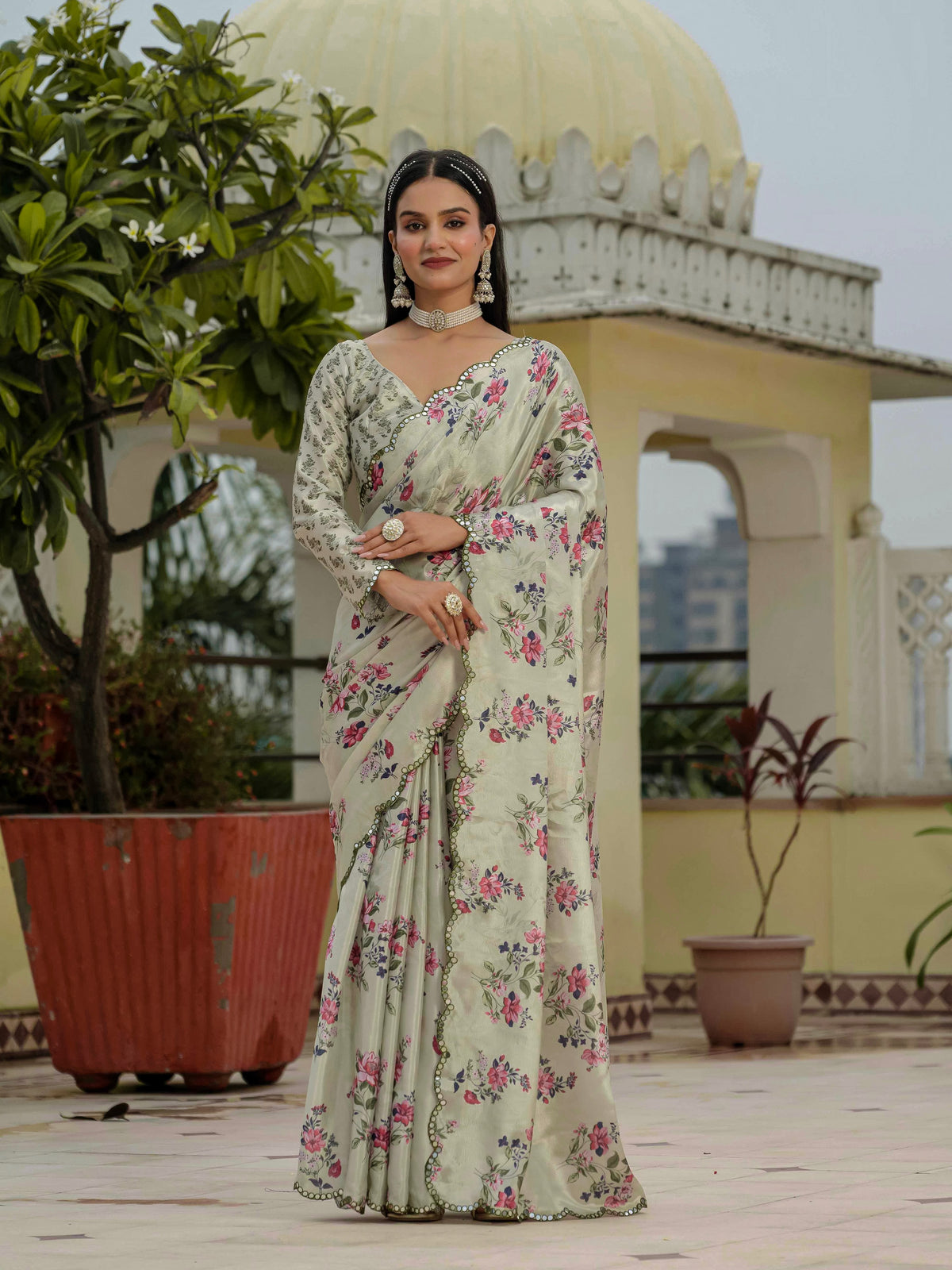 Off-White & Pink Floral Printed Ready To Wear Saree with Scalloped Border