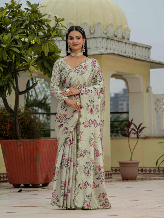 Off-White & Pink Floral Printed Ready To Wear Saree with Scalloped Border