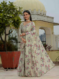 Off-White & Pink Floral Printed Ready To Wear Saree with Scalloped Border