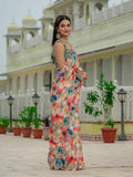 Sea Green & Multi Floral Printed Ready To Wear Saree with Scalloped Border