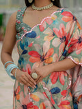 Sea Green & Multi Floral Printed Ready To Wear Saree with Scalloped Border