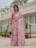 Peach & Pink Floral Printed Ready To Wear Saree with Scalloped Border