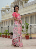 Peach & Pink Floral Printed Ready To Wear Saree with Scalloped Border