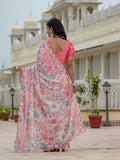 Peach & Pink Floral Printed Ready To Wear Saree with Scalloped Border