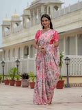 Peach & Pink Floral Printed Ready To Wear Saree with Scalloped Border