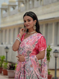 Peach & Pink Floral Printed Ready To Wear Saree with Scalloped Border