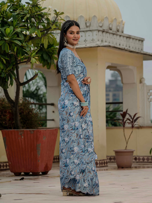 Grey & Blue Floral Printed Ready To Wear Saree with Scalloped Border