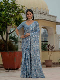 Grey & Blue Floral Printed Ready To Wear Saree with Scalloped Border