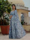 Grey & Blue Floral Printed Ready To Wear Saree with Scalloped Border