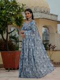 Grey & Blue Floral Printed Ready To Wear Saree with Scalloped Border