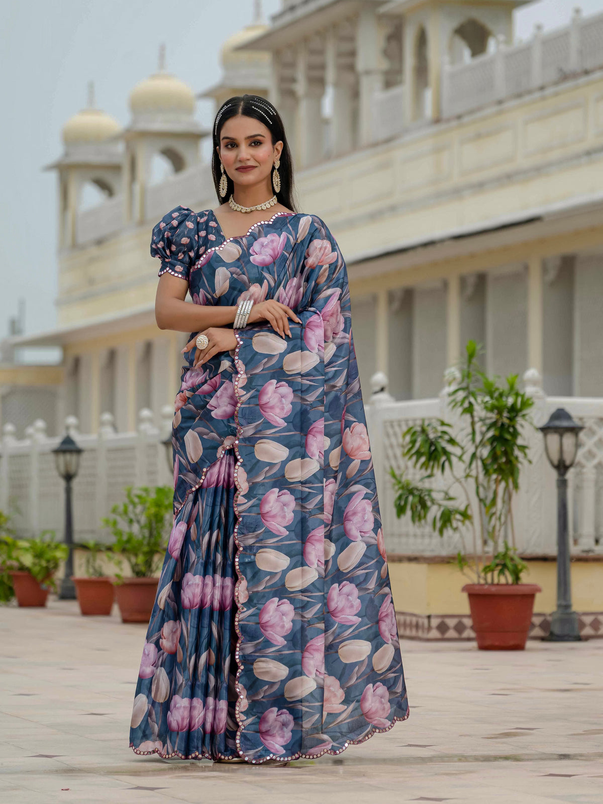 Blue Floral Printed Ready To Wear Saree with Scalloped Border