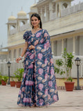 Blue Floral Printed Ready To Wear Saree with Scalloped Border