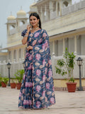 Blue Floral Printed Ready To Wear Saree with Scalloped Border