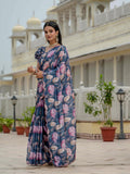 Blue Floral Printed Ready To Wear Saree with Scalloped Border