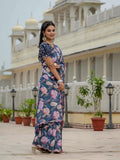 Blue Floral Printed Ready To Wear Saree with Scalloped Border