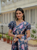 Blue Floral Printed Ready To Wear Saree with Scalloped Border
