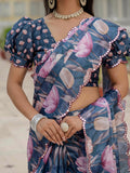 Blue Floral Printed Ready To Wear Saree with Scalloped Border