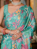Teal Green Floral Printed Ready To Wear Saree with Scalloped Border