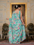 Teal Green Floral Printed Ready To Wear Saree with Scalloped Border