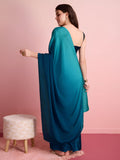 Teal Blue Satin Silk Saree for Evening & Festive Ready to Wear Saree