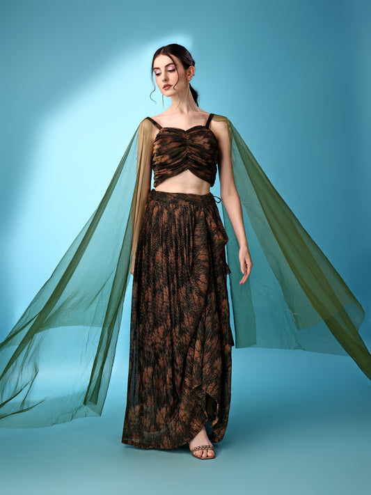 Rihana Olive Green Drape Skirt Set with Cape Sleeves